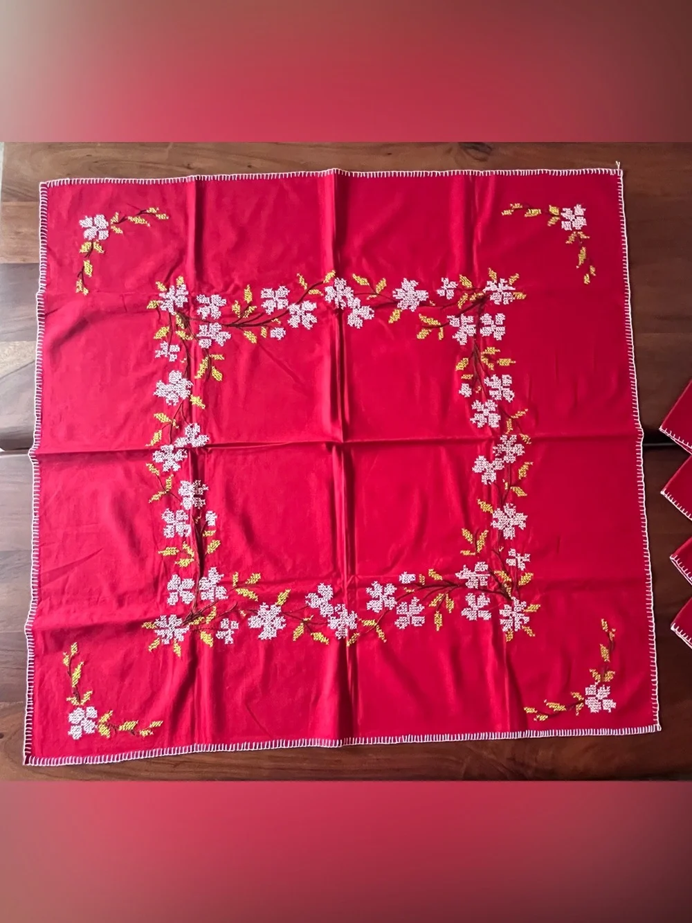 Vintage Tablecloth and 4 Napkin Set 33”Square Red Embroidered Flowers MCM
